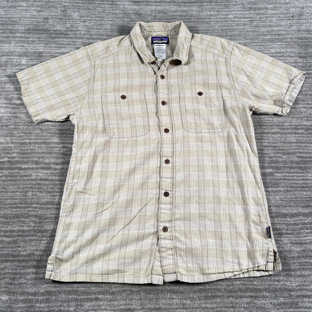 Patagonia Shirt Mens Medium Beige Plaid Hemp Cotton Short Sleeve Button Up